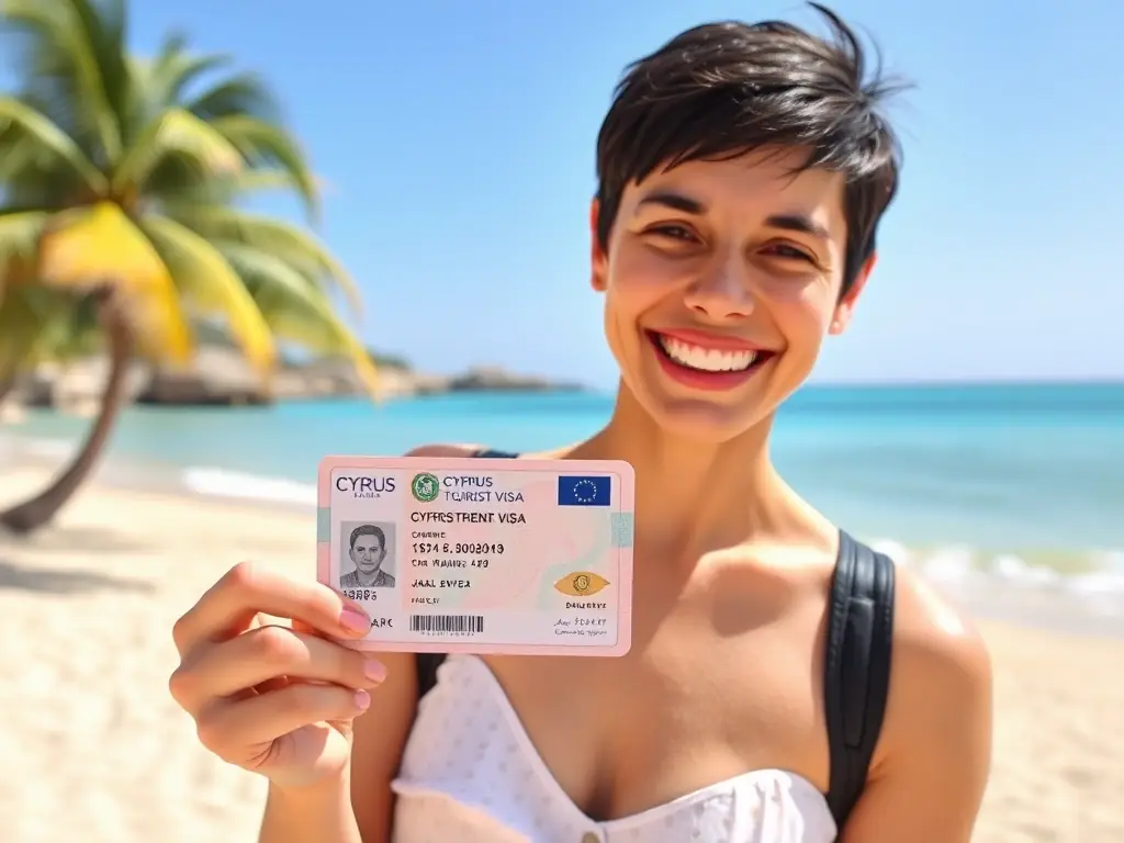 A person smiling while holding a Cyprus tourist visa, with the beach in Larnaca in the background.