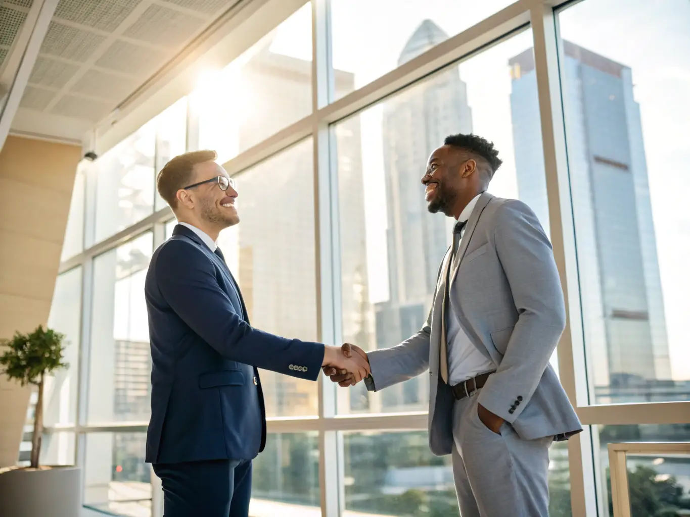 A professional in a suit shaking hands with a Cypriot business partner in a modern office setting in Nicosia.