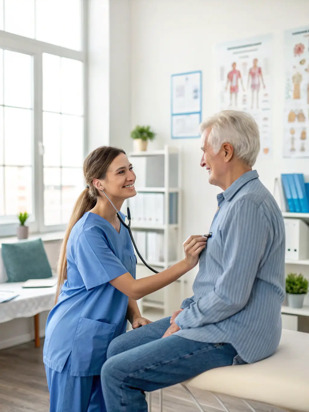 A modern and well-equipped general health clinic in Cyprus, showing a doctor conducting a routine check-up, emphasizing the comprehensive health services available through GetVisaNow.