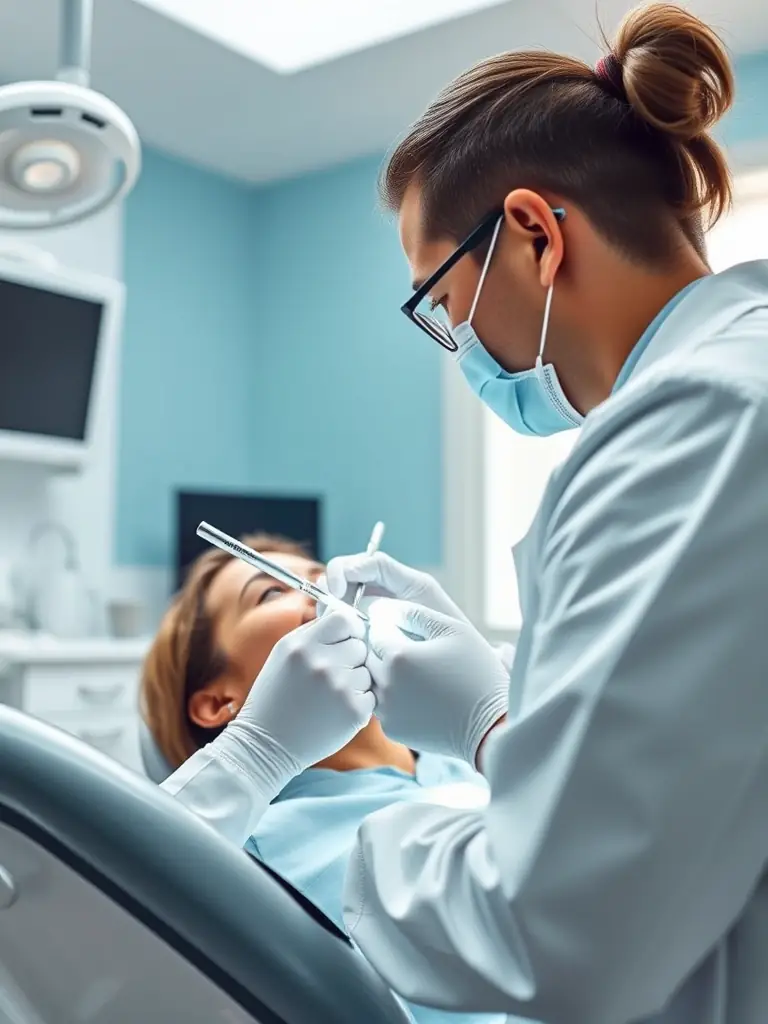 A serene dental clinic in Cyprus, showcasing modern equipment and a friendly dentist examining a patient's teeth, emphasizing the quality of dental care available through GetVisaNow's medical packages.
