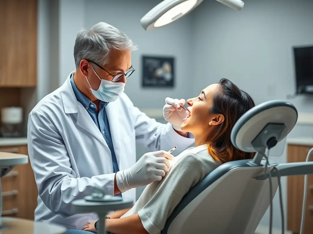 A serene image of a modern dental clinic in Cyprus, showcasing advanced equipment and a friendly dentist interacting with a patient, emphasizing the quality of dental care available through GetVisaNow's medical packages.